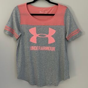 Under Armour Sports Style Baseball Tee in Peach and Grey Loose T Shirt Heatgear